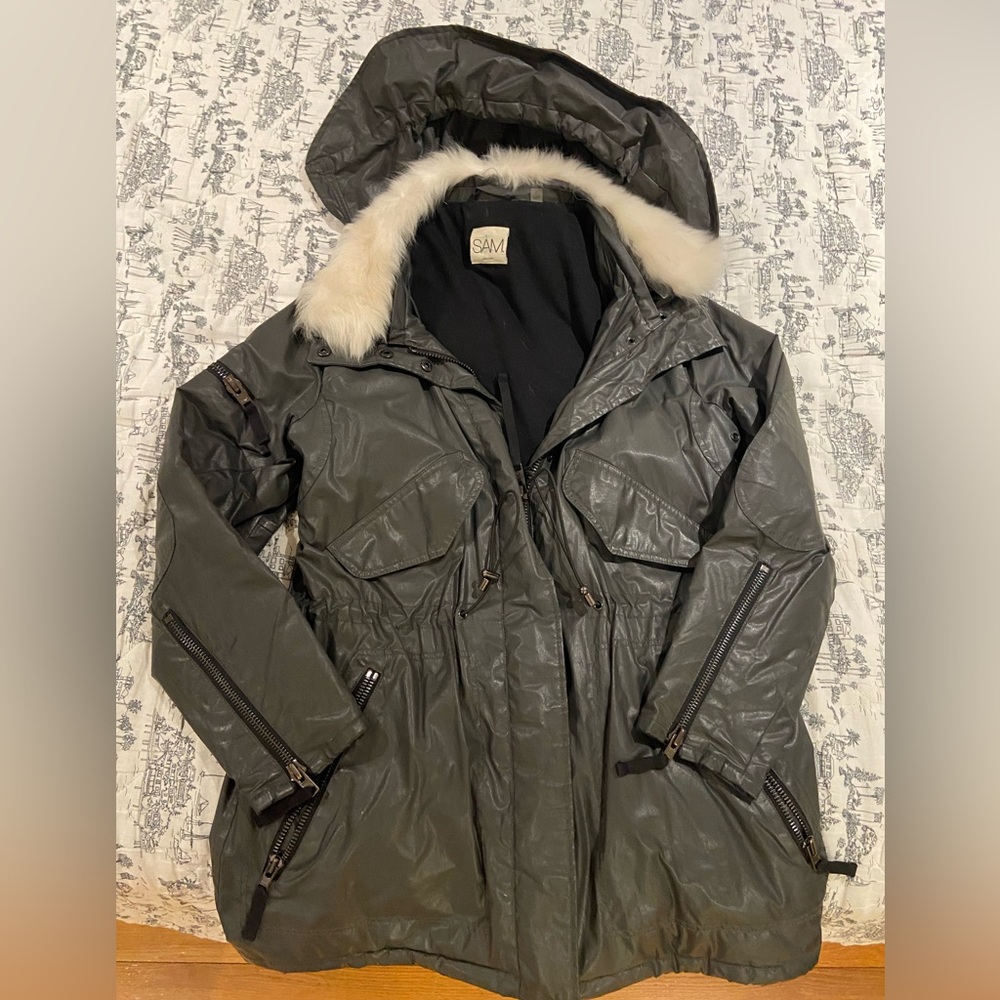 SAM. Dark Gray Jacket with White Fur Trim